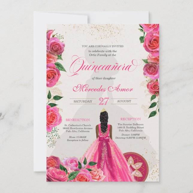 Fancy Charra Pink Gold Roses Country Quinceanera I Invitation (Front)