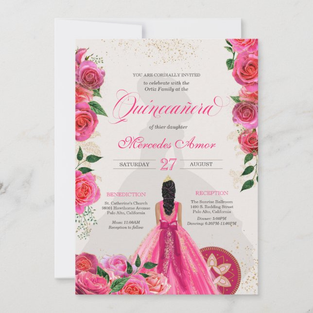 Fancy Charro Hot Pink Roses Western Quinceanera Invitation (Front)