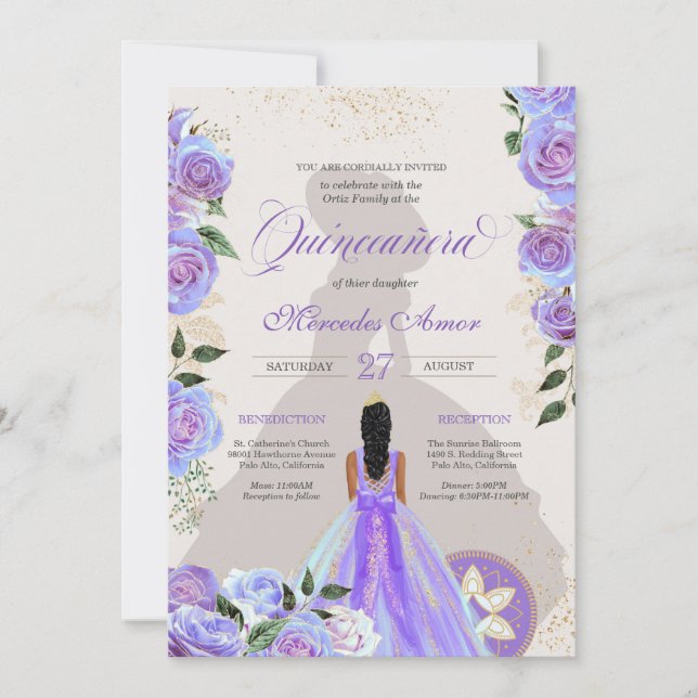 Fancy Charro Lavender Blue Quinceanera Invitation (Front)