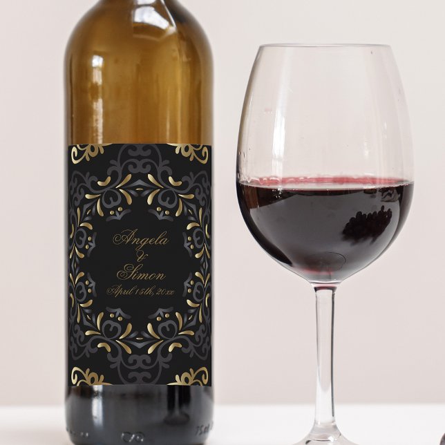 Fancy Chic Black And Gold Baroque Frame Wedding  Wine Label (Creator Uploaded)