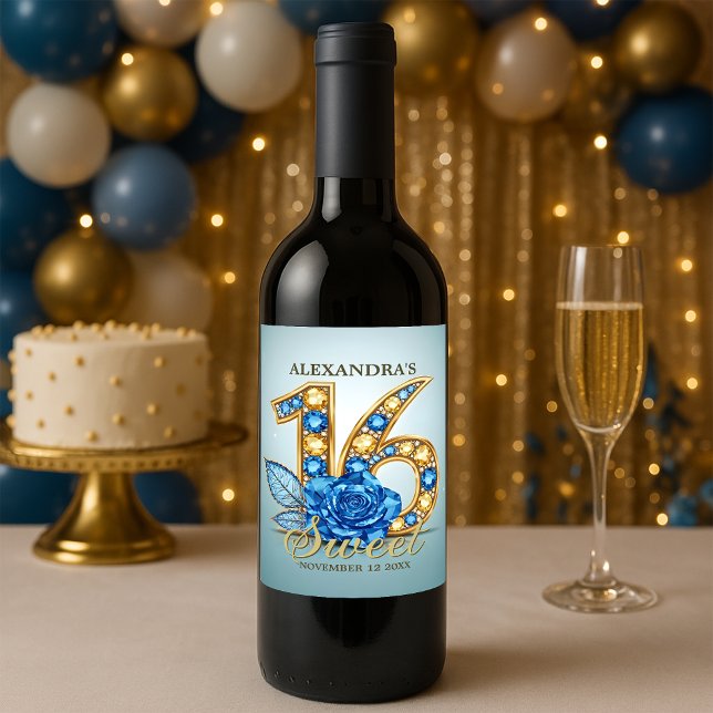 Fancy Chic Blue Rose Gold Gemstone Sweet 16 Wine Label (Creator Uploaded)