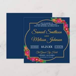 Fancy Chic Floral Frame Blue Wedding Invitation