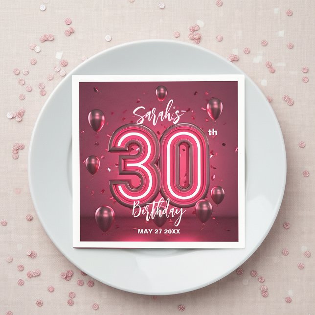 Fancy Chic Glam Metallic Neon Pink 30th Birthday Napkin (Creator Uploaded)