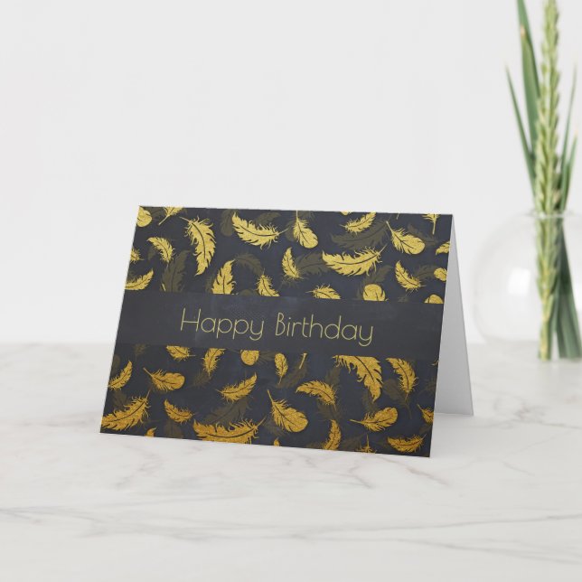 Fancy Chic Gold Feathers On Black Birthday Card (Front)