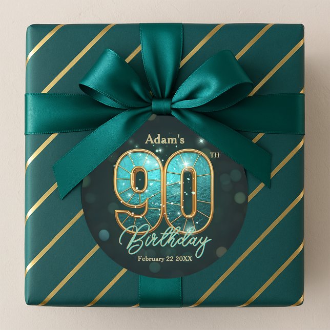 Fancy Chic Teal & Gold 90th Birthday Celebration  Classic Round Sticker (Creator Uploaded)