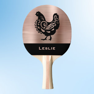 Fancy Chicken Silhouette in Faux Copper n Black Ping Pong Paddle