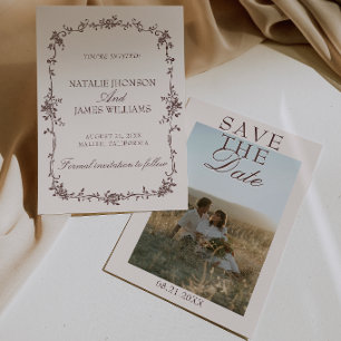 Fancy Chocolate Brown Floral Photo Retro Wedding Save The Date