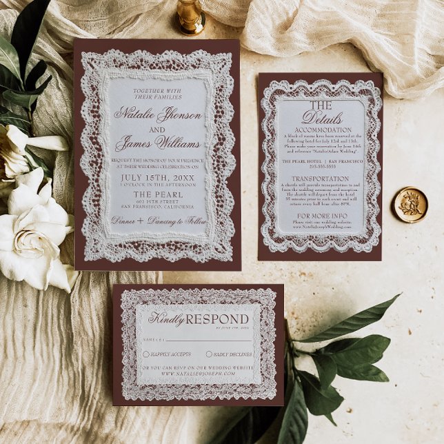 Fancy Chocolate Brown Lace Old Money Wedding  Invitation (Creator Uploaded)