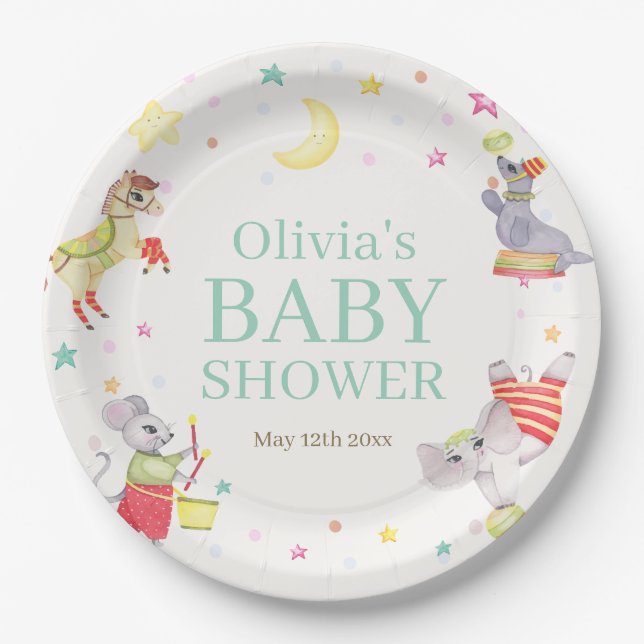 Fancy Circus Carnival Animals Baby Shower Paper Plate (Front)