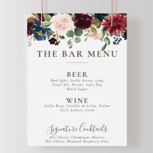 Fancy Classic Flowers Wedding Bar Menu Poster