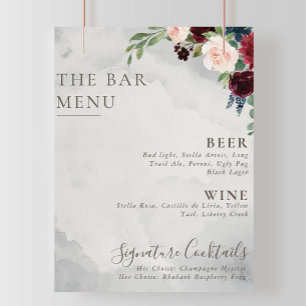 Fancy Classic Rose Peony Flowers Wedding Bar Menu  Poster