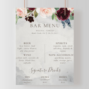 Fancy Classic Rose Peony flowers Wedding Bar Menu Poster