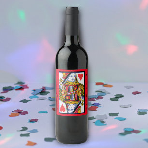 Fancy Colourful Heart Queen Playing Card on Red Wine Label