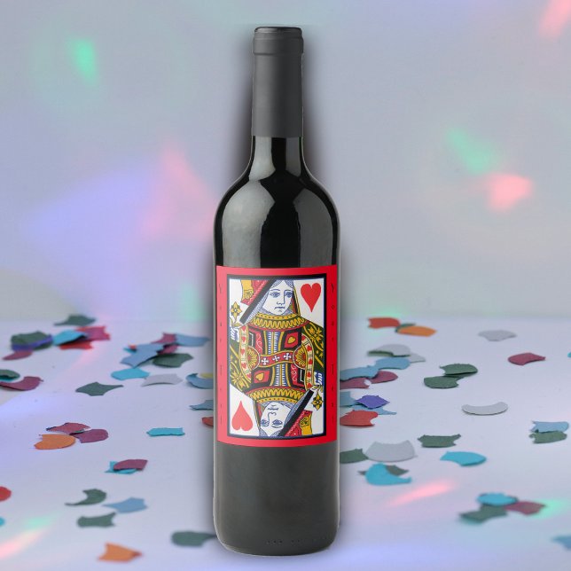 Fancy Colourful Heart Queen Playing Card on Red Wine Label (Fancy heart queen playing card hearts red border on wine bottle label.)