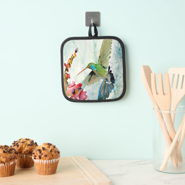 Fancy Colourful Hummingbird Oven Mitt Pot Holder (Insitu(Hanging))