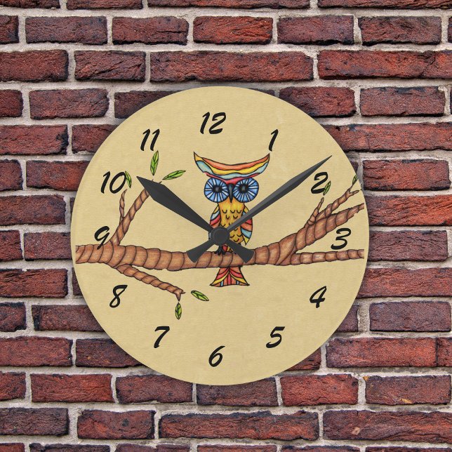 Fancy Colourful Owl Tree Branch Round Clock (Colourful whimsical own on branch on tan round wall clock.)