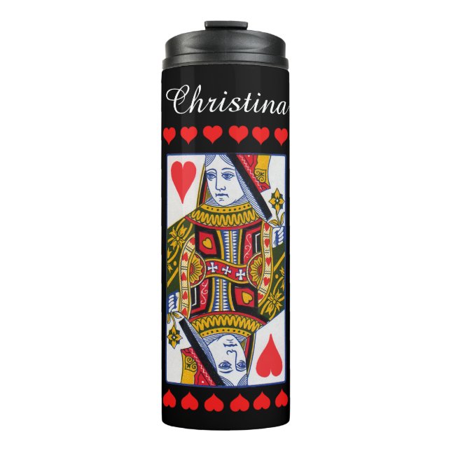 Fancy Colourful Playing Card Heart Queen Black Thermal Tumbler (Front)