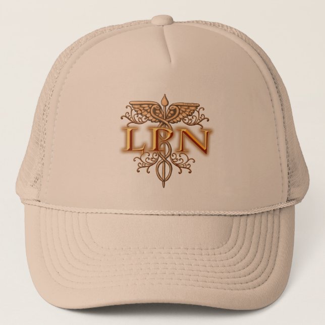 Fancy Copper Caduceus LPN Nurse Trucker Hat (Front)