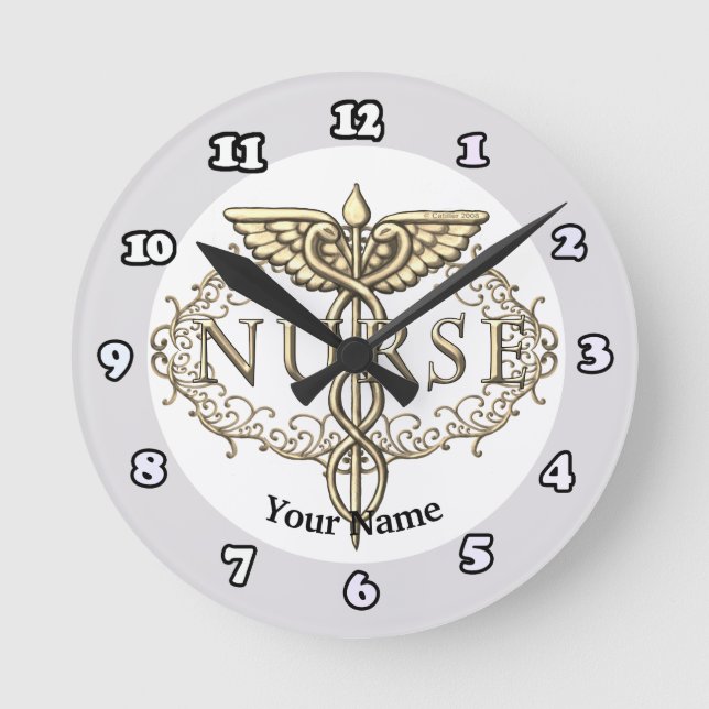 Fancy copper caduceus nurse  round clock (Front)