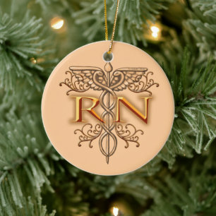 Fancy Copper Caduceus RN Nurse Ceramic Tree Decoration
