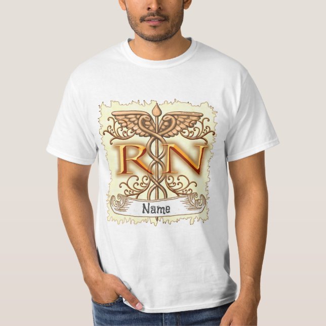 Fancy Copper Caduceus RN Nurse T-Shirt (Front)