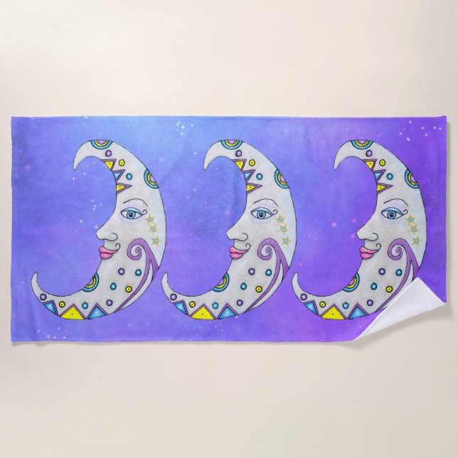 Fancy Crescent Moons Faces Bright Colours Purple Beach Towel (Front)