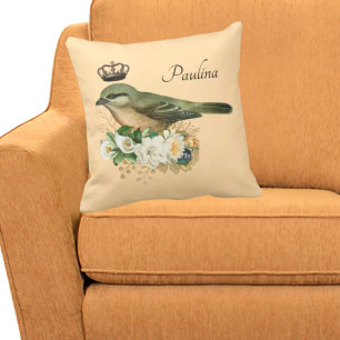 Fancy Crown Bird on Peach Personalised Cushion