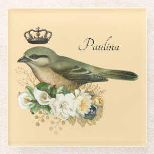 Fancy Crown Bird on Peach Personalised  Glass Coaster