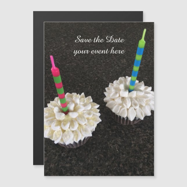 Fancy Cupcakes with Candles Save the Date Magnetic Invitation (Front/Back)