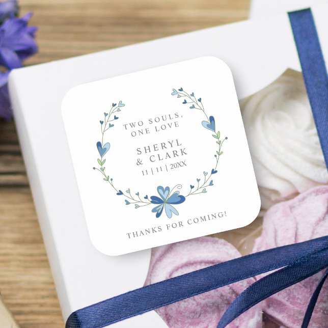 Fancy Custom Blue Floral Wreath Wedding Square Sticker (Creator Uploaded)