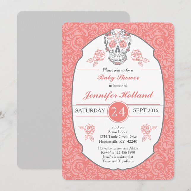 Fancy Damask Skull Baby Shower Invitation in Coral (Front/Back)