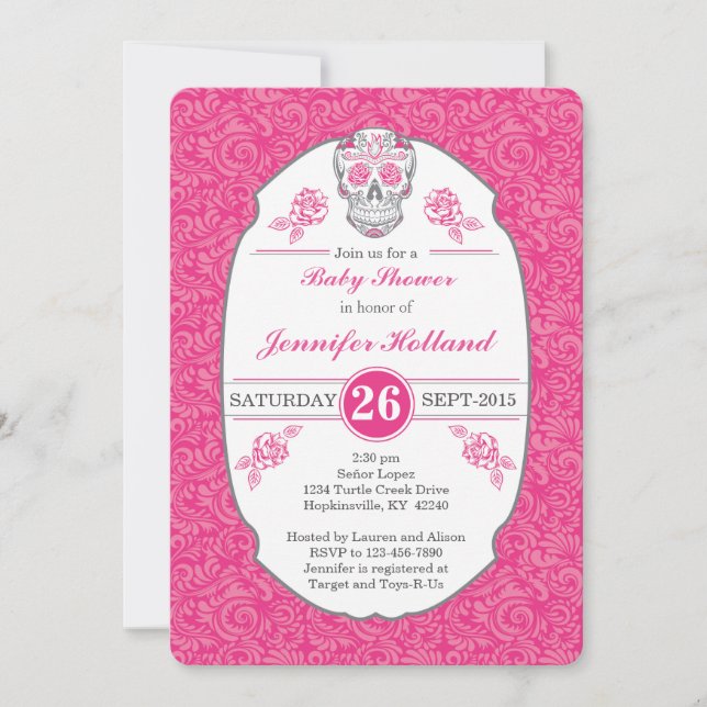 Fancy Damask Skull Baby Shower Invitation in Pink (Front)