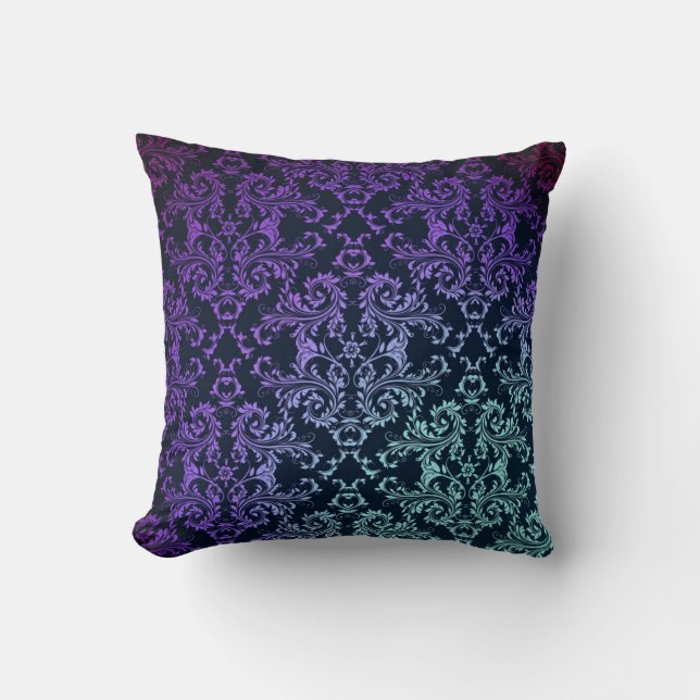 FAncy Damask Teal Blue Purple Black Cushion (Front)