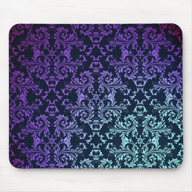FAncy Damask Teal Blue Purple Black Mouse Mat (Front)
