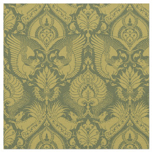 Fancy Damask with Animals, Gold on Green Fabric