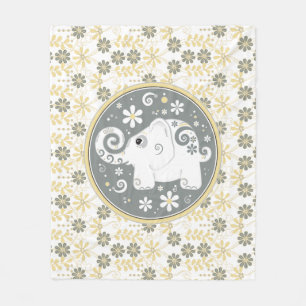 Fancy Decorated Elephant Floral Yellow Grey White Fleece Blanket