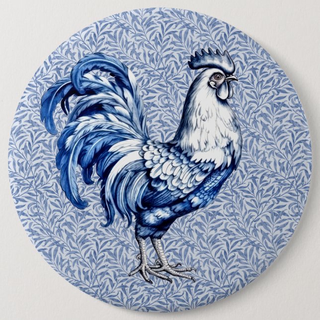 Fancy Delft Blue And White Rooster Chicken 6 Cm Round Badge (Front)