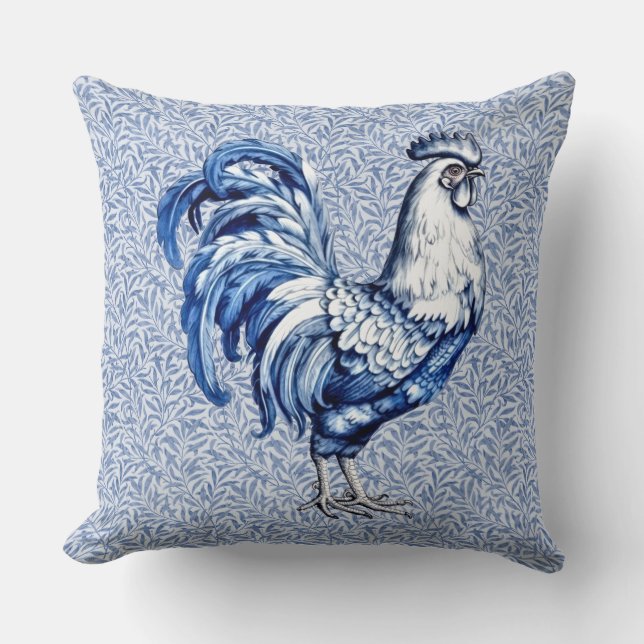 Fancy Delft Blue And White Rooster Chicken Cushion (Front)