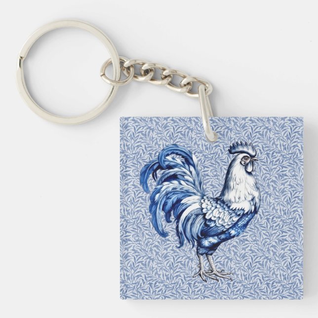 Fancy Delft Blue And White Rooster Chicken Key Ring (Front)