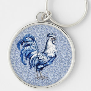 Fancy Delft Blue And White Rooster Chicken Key Ring