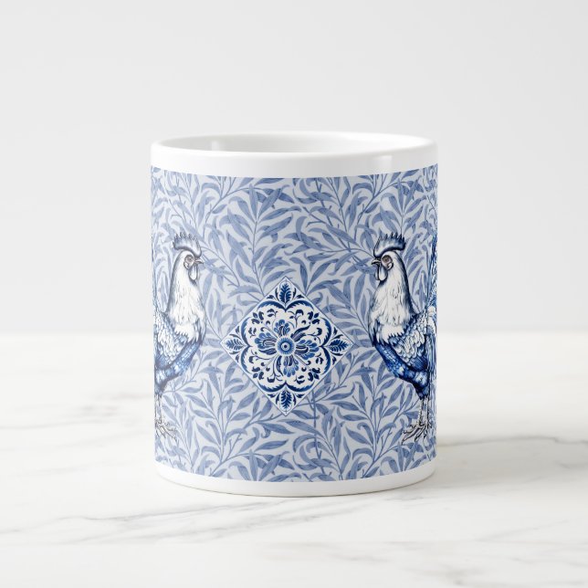 Fancy Delft Blue And White Rooster Chicken Large Coffee Mug (Front)