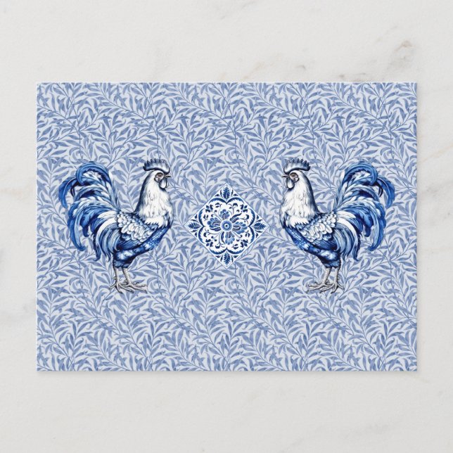 Fancy Delft Blue And White Rooster Chicken Postcard (Front)