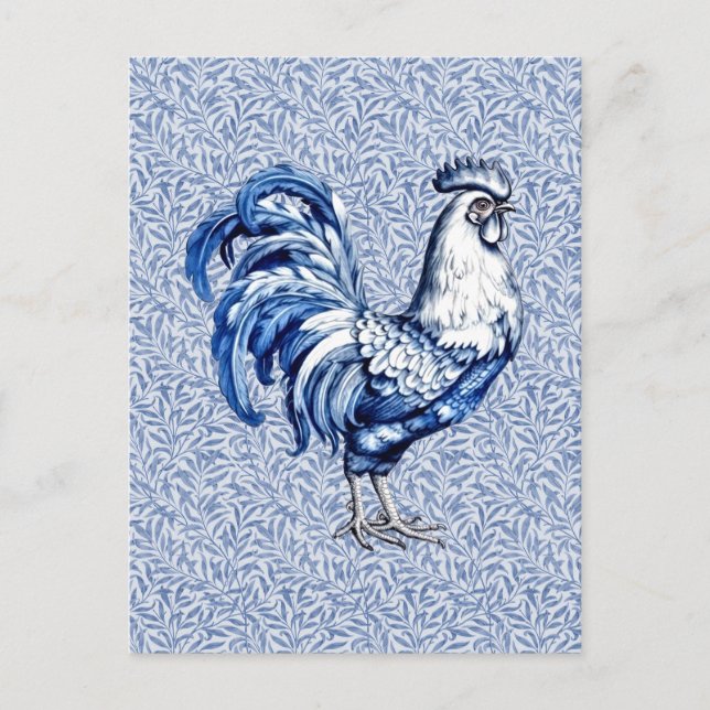 Fancy Delft Blue And White Rooster Chicken Postcard (Front)
