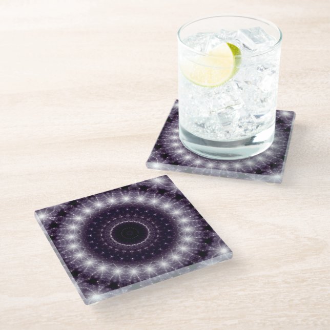 Fancy Delicate Black & White Round Lace Glass Coaster (Angled)