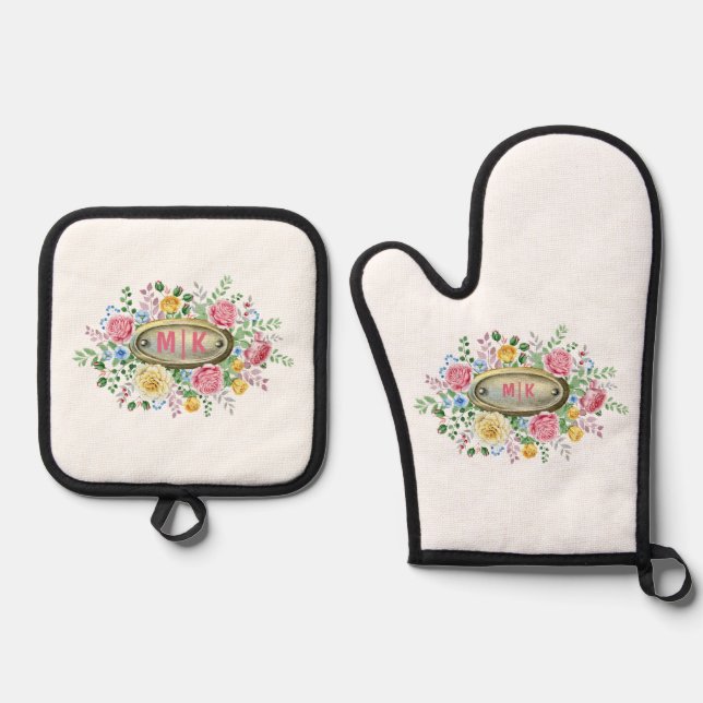 Fancy Dual Monogram with Floral Accents Custom Oven Mitt & Pot Holder Set (Front)