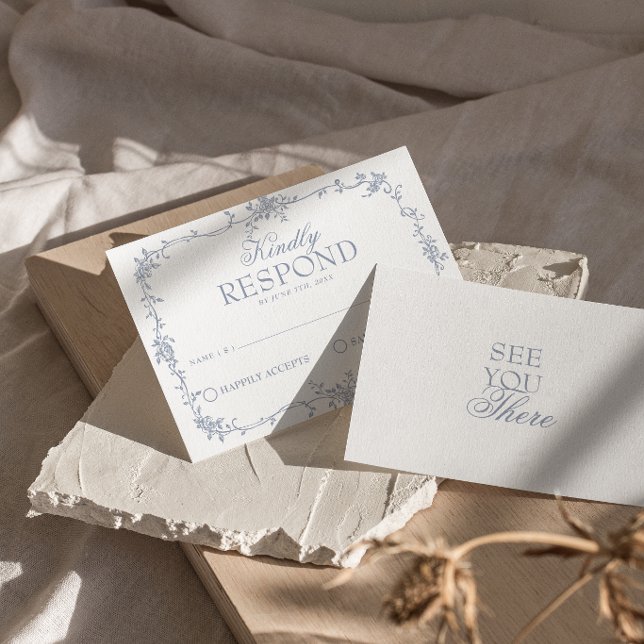 Fancy Dusty Blue Floral Boho Wedding RSVP Card (Creator Uploaded)