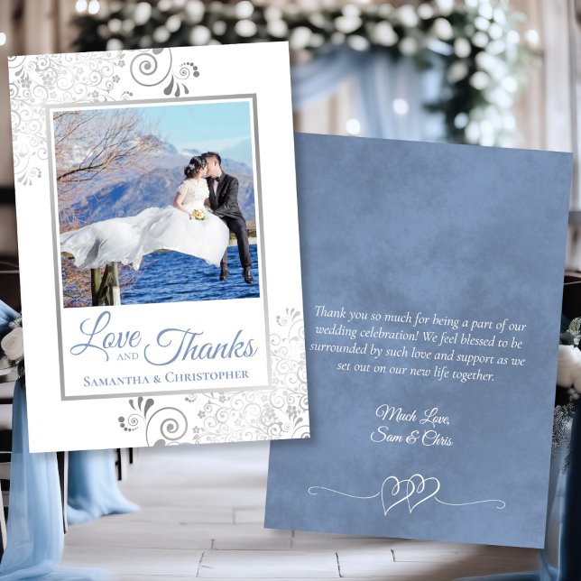 Fancy Dusty Blue Love Thanks Photo & Note Wedding Thank You Card (Front/Back)