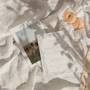 Fancy Dusty Blue Old Money Photo Retro Wedding Save The Date