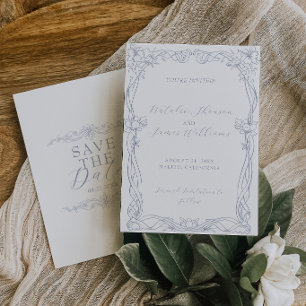 Fancy Dusty Blue Retro Botanical Old Money Wedding Save The Date
