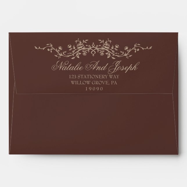 Fancy Earthy Chocolate Brown Floral Boho Wedding Envelope (Back (Top Flap))
